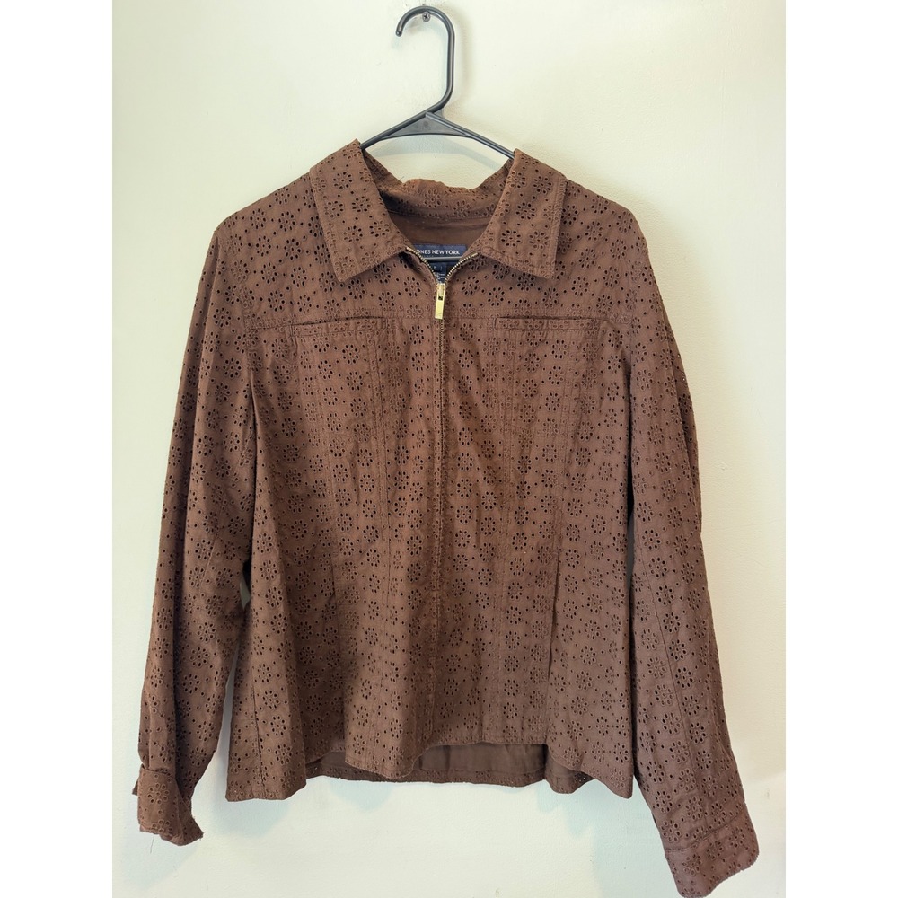 Jones New‎ York Signature Brown Cotton Eyelet Zip Up Jacket Womens Large L